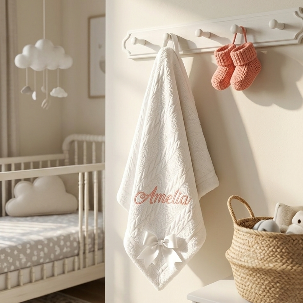 A white personalized baby towel with the name 'Amelia' embroidered in coral script, hanging on a wall hook in a softly lit nursery. A matching cloud-shaped mobile hangs over a crib on the left, and pink knit booties and a woven basket sit on the right.
