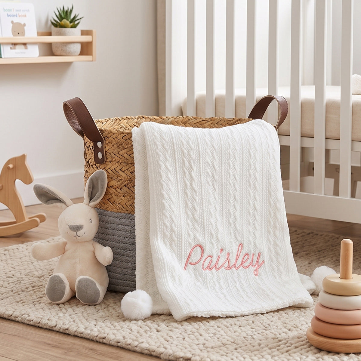 White cable-knit baby blanket with sherpa fleece backing and white pom-pom trim, personalised with the name Paisley embroidered in pink script, draped over a woven basket.