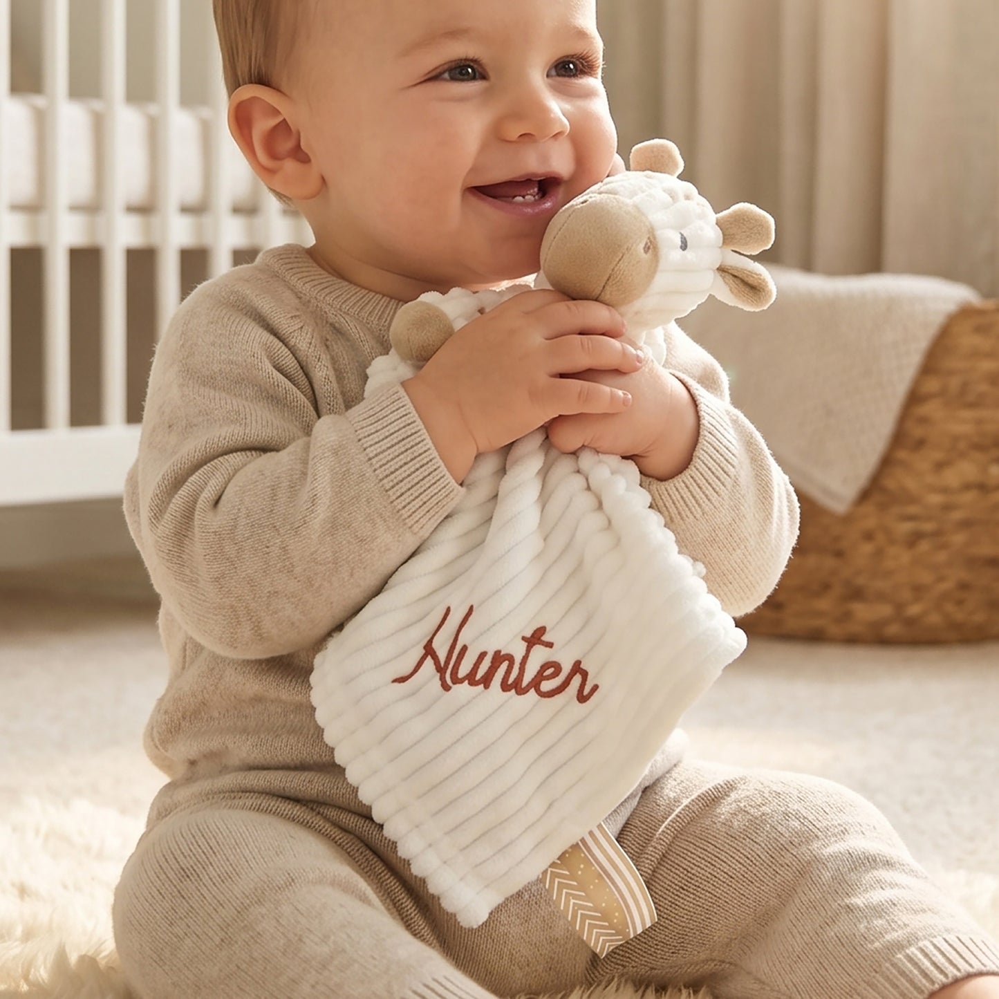 A baby sitting on a rug in a nursery, holding a white ribbed security blanket with a plush giraffe toy and the name 'Hunter' embroidered in brown.
