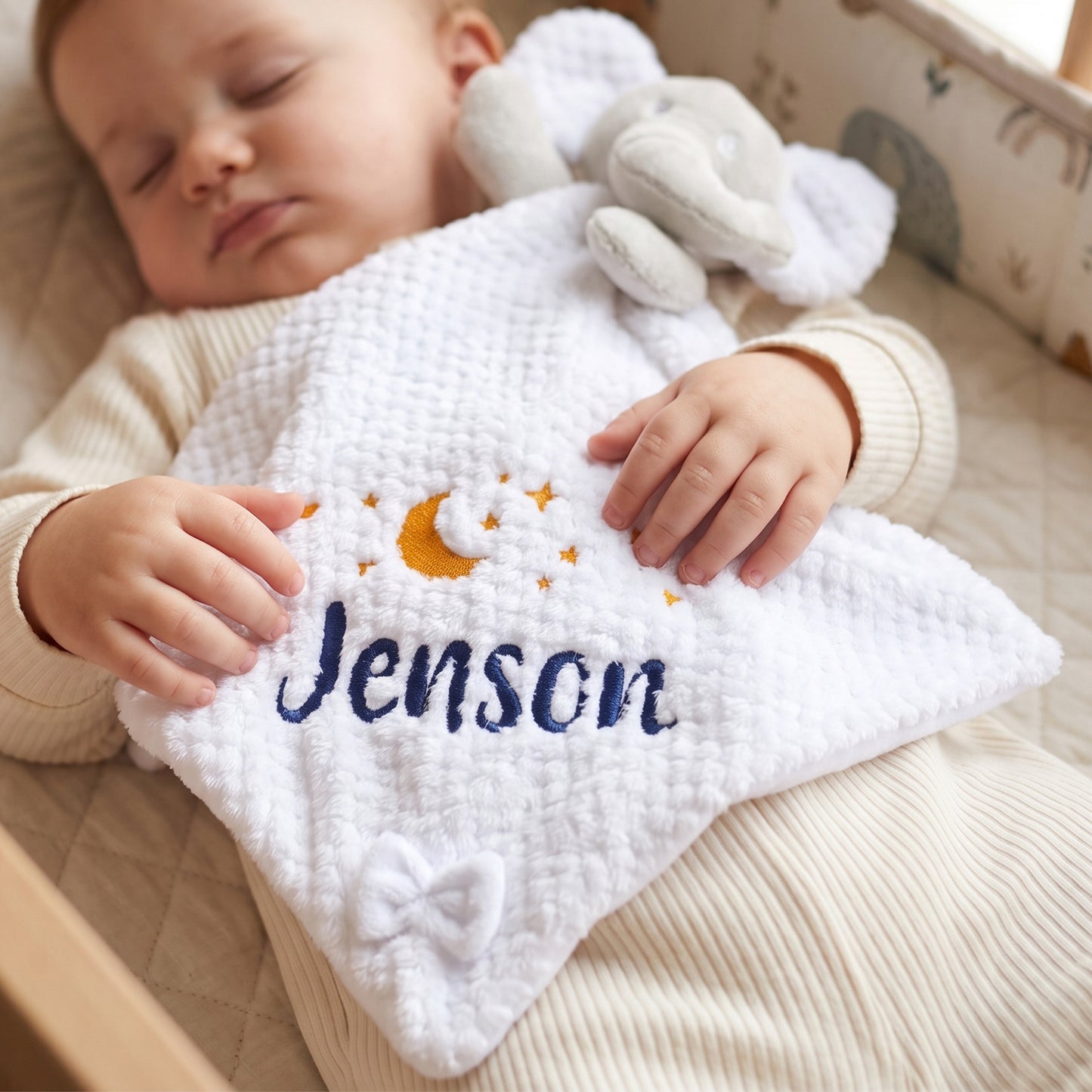 A sleeping baby lying in a crib, holding a white textured comforter with an elephant, moon, stars, and the name 'Jenson' embroidered in blue and yellow.