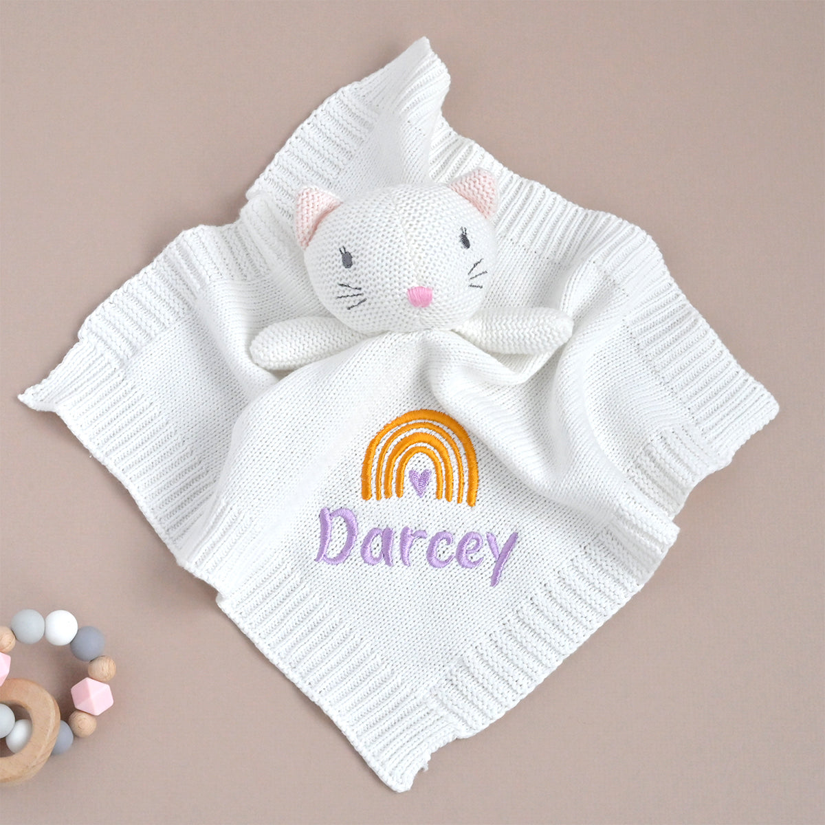 Personalised Knitted Cotton Cat Comforter, Rainbow
