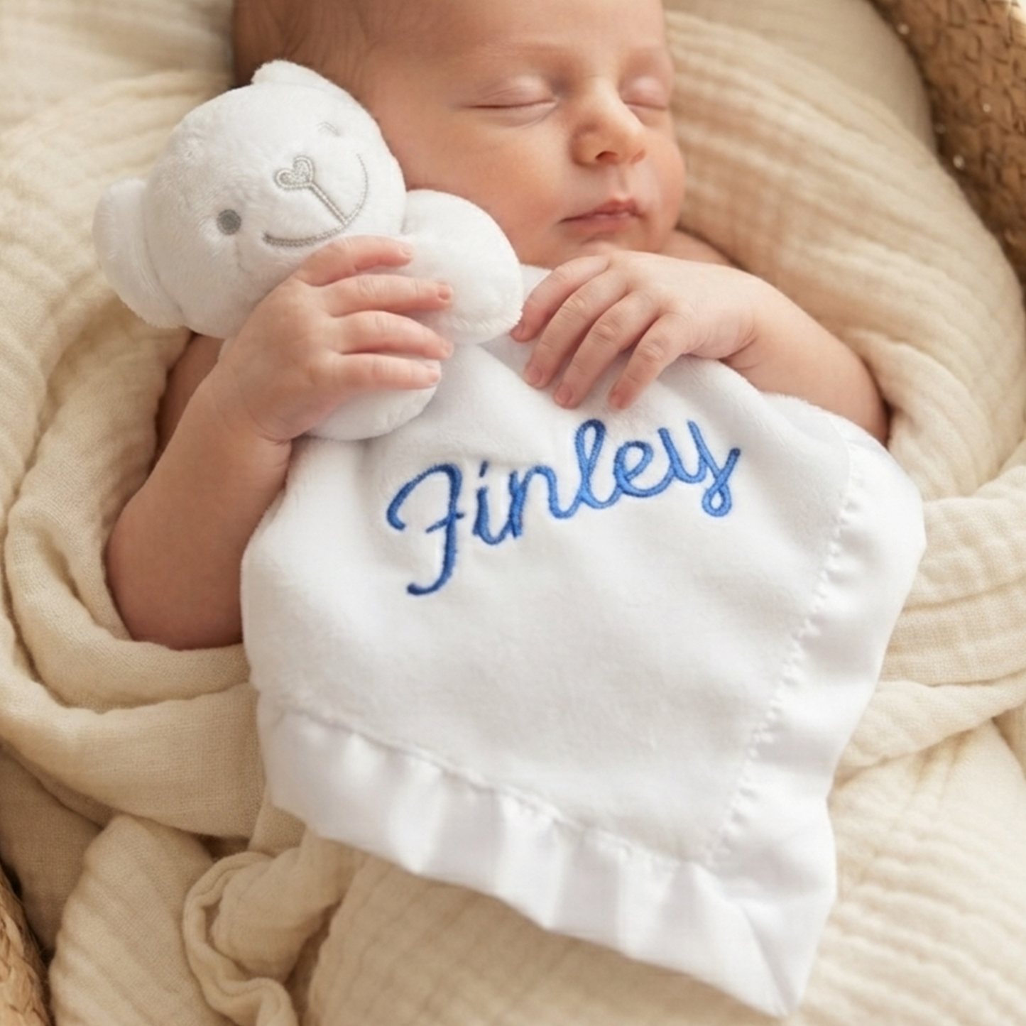 Personalised White Teddy Comforter, Satin Trim