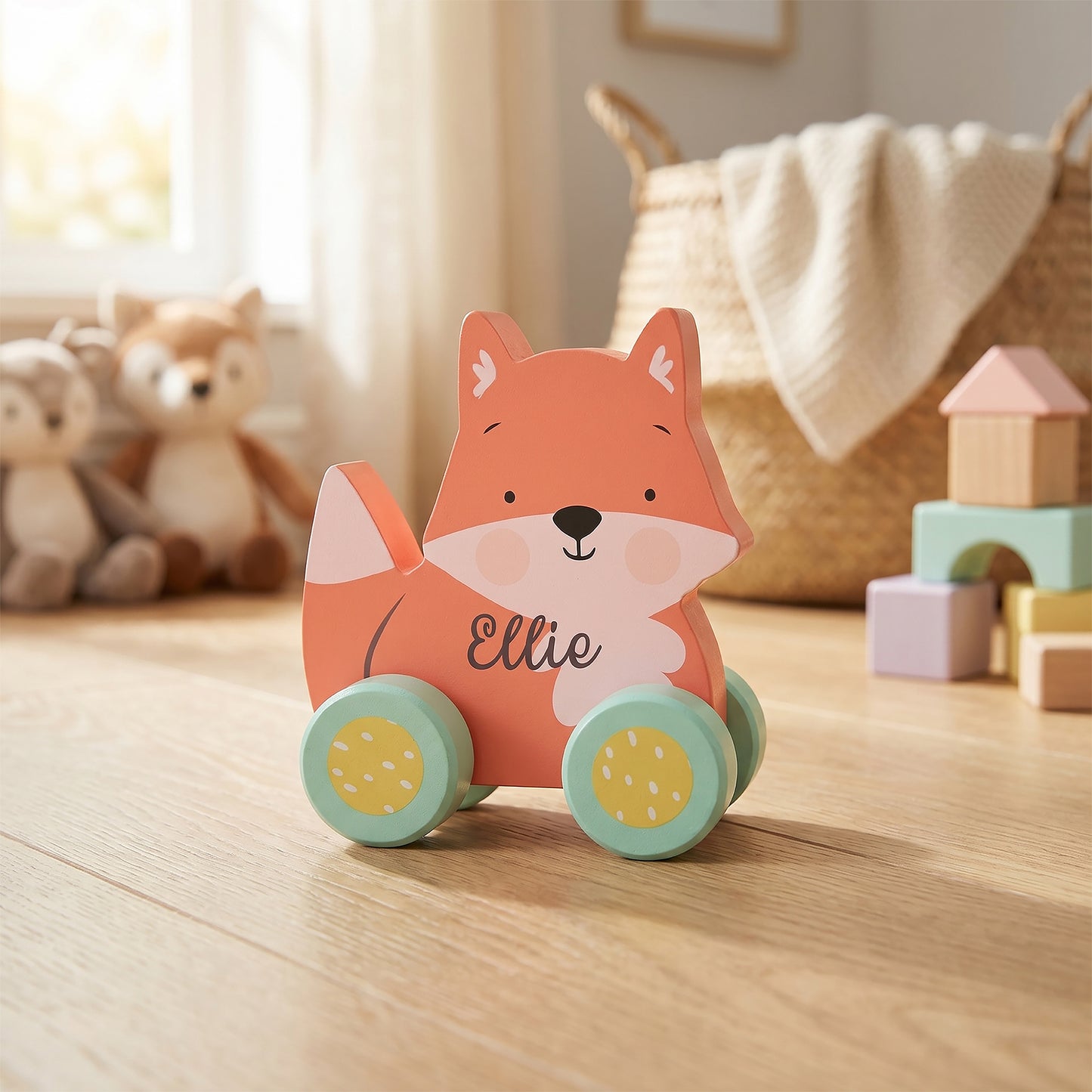 A personalized wooden toy fox in a push-cart, featuring the name 'Ellie' on the front, set on a light wood floor in a softly lit nursery with toys and a basket in the background.