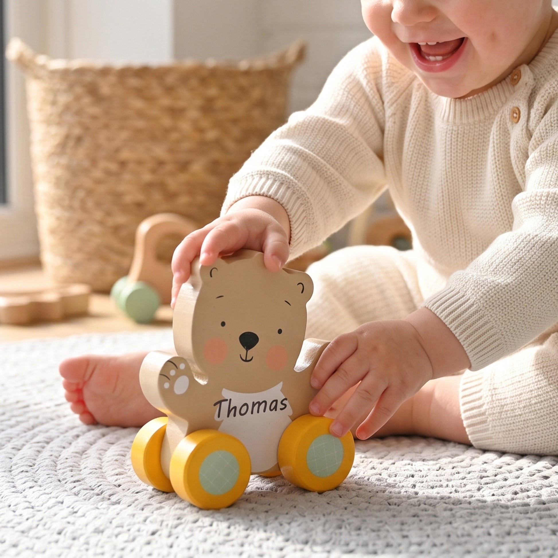 A baby in a cream knit outfit plays with a personalized wooden bear toy on a textured rug. The toy features a light wood bear body with yellow wheels and the name 'Thomas' printed on the front.