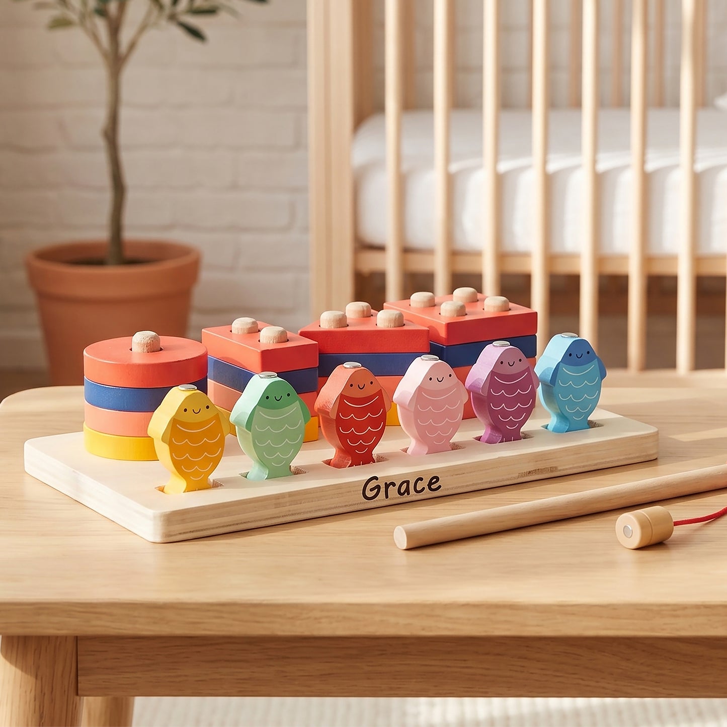 Personalized wooden fish sorting toy set on a light wood table in a nursery setting. The set includes a wooden base engraved with the name 'Grace', colorful fish-shaped pegs, stacked round and rectangular peg towers, and two wooden mallets.