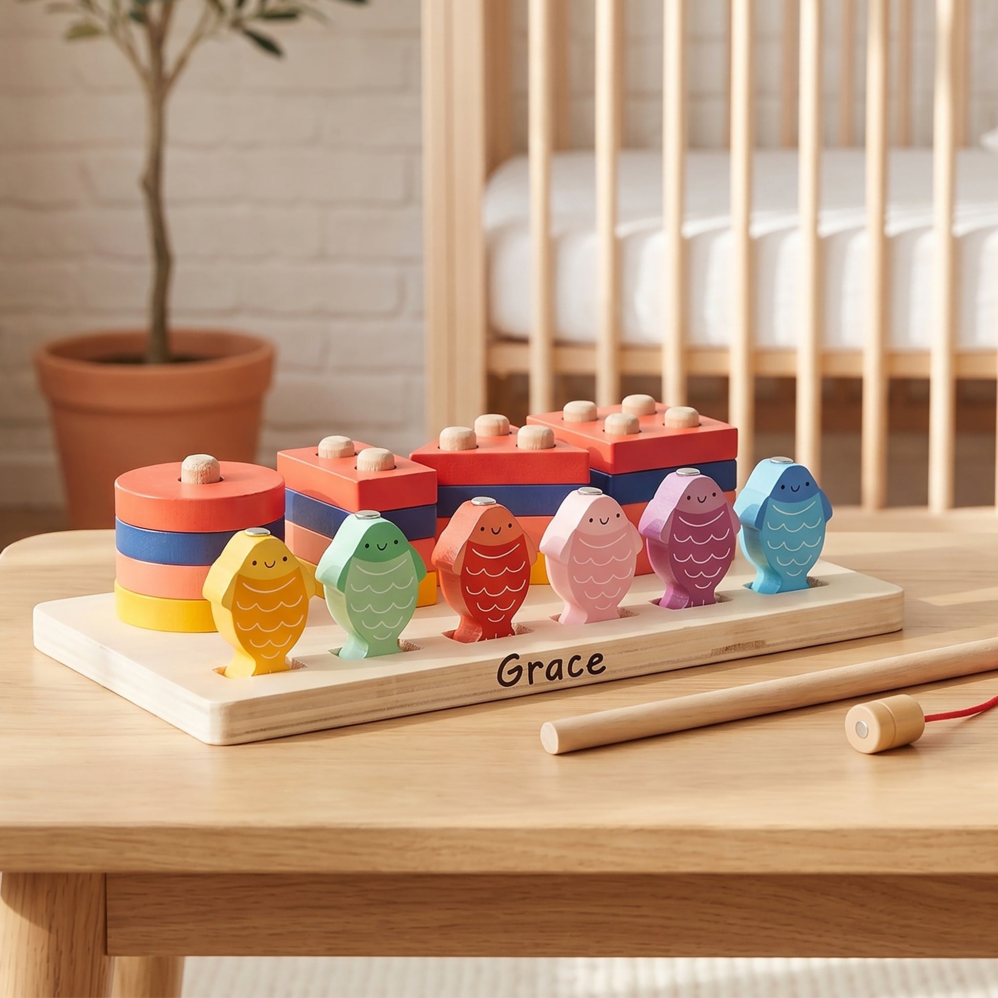 Personalized wooden fish sorting toy set on a light wood table in a nursery setting. The set includes a wooden base engraved with the name 'Grace', colorful fish-shaped pegs, stacked round and rectangular peg towers, and two wooden mallets.